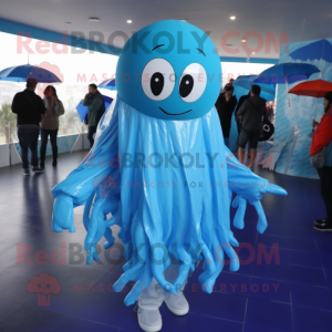 Blue Jellyfish mascot costume character dressed with a Raincoat and Headbands