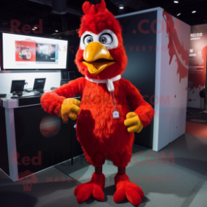 Red Fried Chicken mascot costume character dressed with a V-Neck Tee and Earrings
