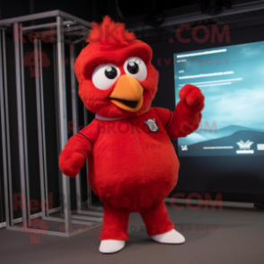 Red Fried Chicken mascot costume character dressed with a V-Neck Tee and Earrings