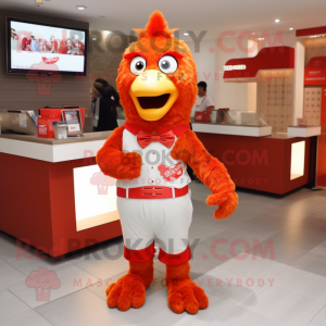 Red Fried Chicken mascot costume character dressed with a V-Neck Tee and Earrings