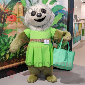 Green Sloth mascot costume character dressed with a Pleated Skirt and Tote bags