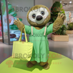 Green Sloth mascot costume character dressed with a Pleated Skirt and Tote bags