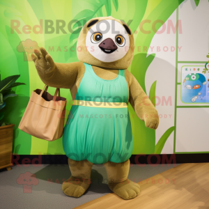 Green Sloth mascot costume character dressed with a Pleated Skirt and Tote bags