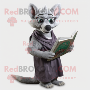 Silver Dingo mascot costume character dressed with a Wrap Dress and Reading glasses