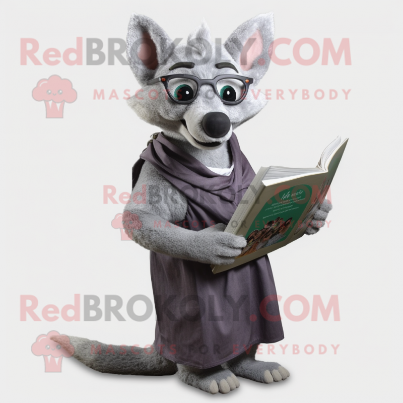 Silver Dingo mascot costume character dressed with a Wrap Dress and Reading glasses Silver Dingo mascot costume character dressed with a Wrap Dress and Reading glasses