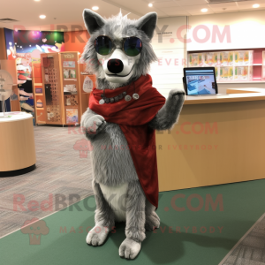 Silver Dingo mascot costume character dressed with a Wrap Dress and Reading glasses