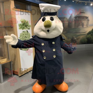 Navy Squash mascot costume character dressed with a Parka and Suspenders