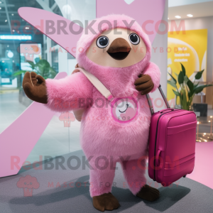 Pink Sloth mascot costume character dressed with a Suit Pants and Handbags