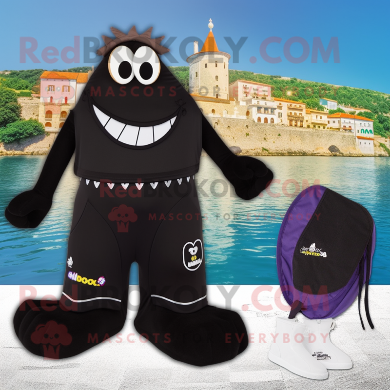 Black Moussaka mascot costume character dressed with a One-Piece Swimsuit and Coin purses