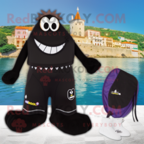 Black Moussaka mascot costume character dressed with a One-Piece Swimsuit and Coin purses