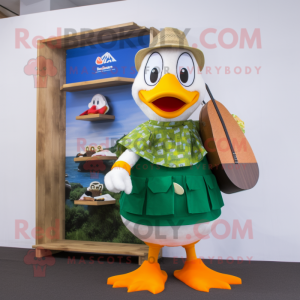 Olive Muscovy Duck mascot costume character dressed with a Board Shorts and Wallets