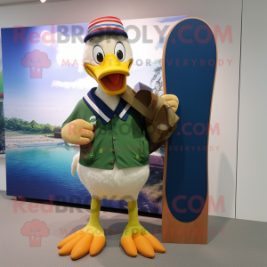 Olive Muscovy Duck mascot costume character dressed with a Board Shorts and Wallets