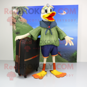 Olive Muscovy Duck mascot costume character dressed with a Board Shorts and Wallets