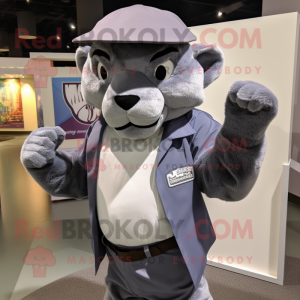 Gray Puma mascot costume character dressed with a Dress Shirt and Hats
