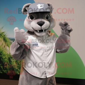 Gray Puma mascot costume character dressed with a Dress Shirt and Hats