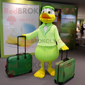 Lime Green Duck mascot costume character dressed with a Culottes and Briefcases