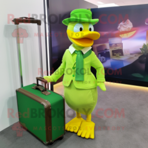 Lime Green Duck mascot costume character dressed with a Culottes and Briefcases