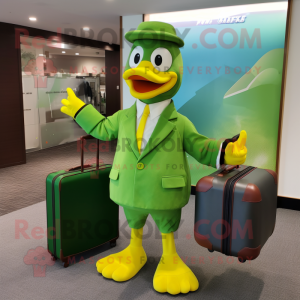 Lime Green Duck mascot costume character dressed with a Culottes and Briefcases