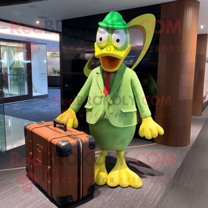 Lime Green Duck mascot costume character dressed with a Culottes and Briefcases