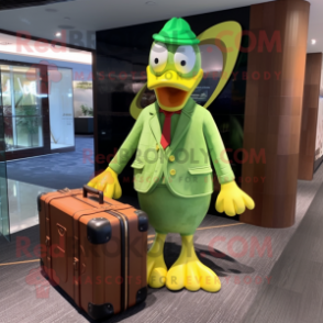 Lime Green Duck mascot costume character dressed with a Culottes and Briefcases