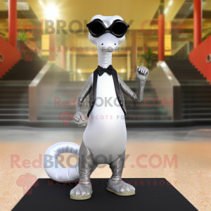 Silver Brachiosaurus mascot costume character dressed with a Tuxedo and Sunglasses