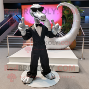 Silver Brachiosaurus mascot costume character dressed with a Tuxedo and Sunglasses