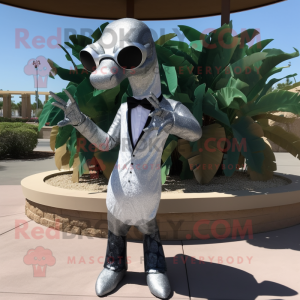 Silver Brachiosaurus mascot costume character dressed with a Tuxedo and Sunglasses