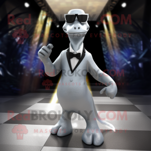 Silver Brachiosaurus mascot costume character dressed with a Tuxedo and Sunglasses