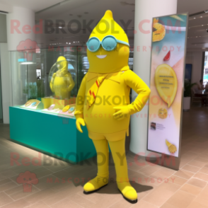 Lemon Yellow Chocolates mascot costume character dressed with a Swimwear and Bracelet watches