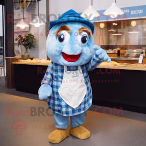 Sky Blue Fish And Chips mascot costume character dressed with a Flannel Shirt and Mittens