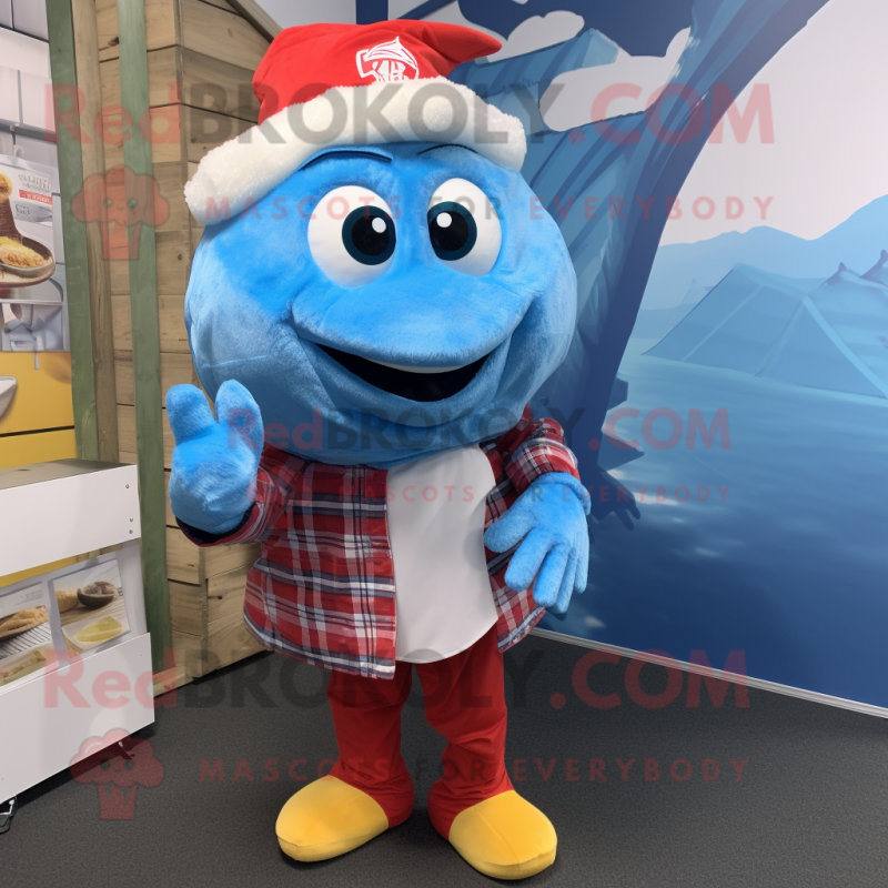 Sky Blue Fish And Chips mascot costume character dressed with a Flannel Shirt and Mittens