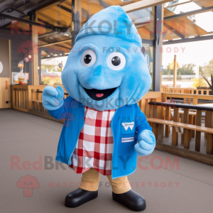 Sky Blue Fish And Chips mascot costume character dressed with a Flannel Shirt and Mittens