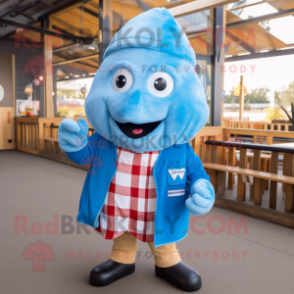 Sky Blue Fish And Chips mascot costume character dressed with a Flannel Shirt and Mittens