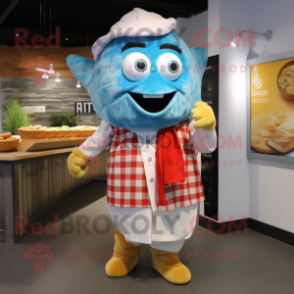 Sky Blue Fish And Chips mascot costume character dressed with a Flannel Shirt and Mittens