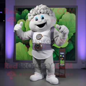 Gray Cauliflower mascot costume character dressed with a Henley Shirt and Digital watches