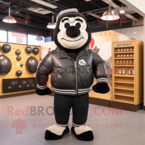 Black Bagels mascot costume character dressed with a Bomber Jacket and Shoe laces