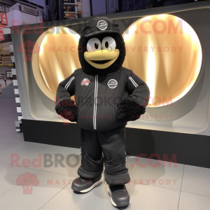 Black Bagels mascot costume character dressed with a Bomber Jacket and Shoe laces