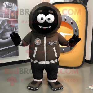 Black Bagels mascot costume character dressed with a Bomber Jacket and Shoe laces