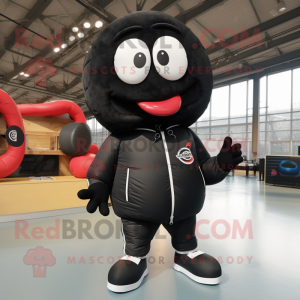 Black Bagels mascot costume character dressed with a Bomber Jacket and Shoe laces