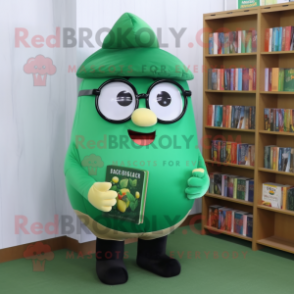 Green Potato mascot costume character dressed with a Polo Tee and Reading glasses