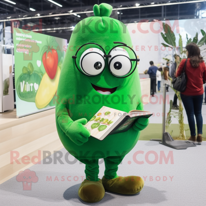 Green Potato mascot costume character dressed with a Polo Tee and Reading glasses