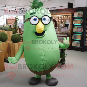 Green Potato mascot costume character dressed with a Polo Tee and Reading glasses