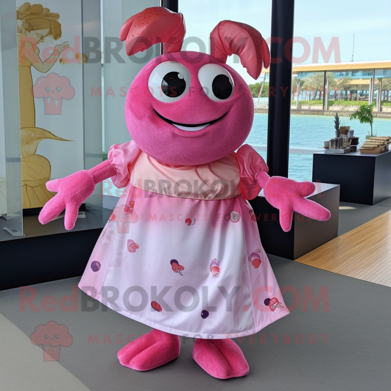 Pink Crab Cakes mascot costume character dressed with a Skirt and Bracelets