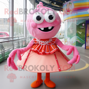 Pink Crab Cakes mascot costume character dressed with a Skirt and Bracelets