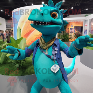 Turquoise Dimorphodon mascot costume character dressed with a Button-Up Shirt and Bracelets