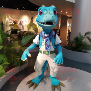 Turquoise Dimorphodon mascot costume character dressed with a Button-Up Shirt and Bracelets