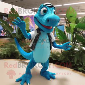 Turquoise Dimorphodon mascot costume character dressed with a Button-Up Shirt and Bracelets