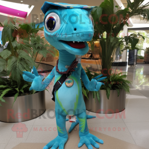 Turquoise Dimorphodon mascot costume character dressed with a Button-Up Shirt and Bracelets