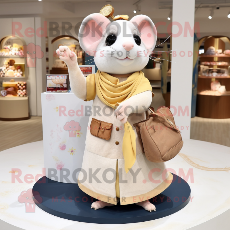 Beige Dormouse mascot costume character dressed with a Wrap Skirt and Coin purses Beige Dormouse mascot costume character dressed with a Wrap Skirt and Coin purses