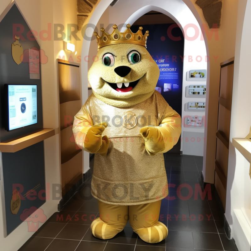 Gold Irish Castle mascot costume character dressed with a Sweatshirt and Coin purses Gold Irish Castle mascot costume character dressed with a Sweatshirt and Coin purses